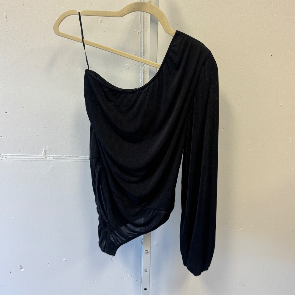 Lush Black Shimmer One Shoulder Draped Bodysuit Long Sleeve Ruched‎ Size Large
